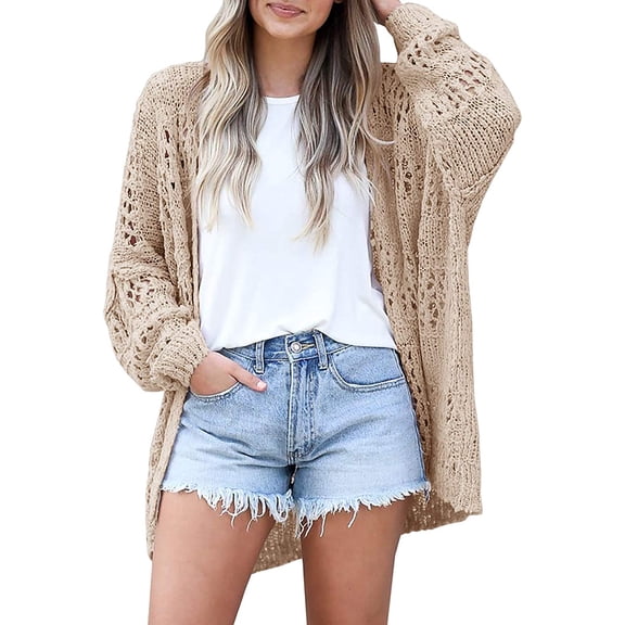 Dellytop Womens Crochet Boho Solid Color Open Front Cardigan Sweater Khaki M