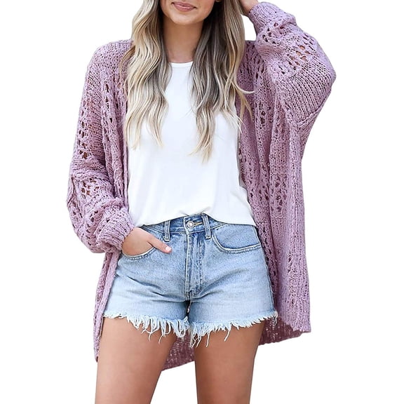 Dellytop Womens Crochet Boho Solid Color Open Front Cardigan Sweater Purple M