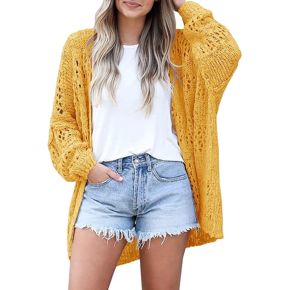 Dellytop Womens Crochet Boho Solid Color Open Front Cardigan Sweater Yellow M