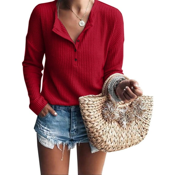 Dellytop Womens Henley Shirts V Neck Long Sleeve Button Waffle Knit Tees