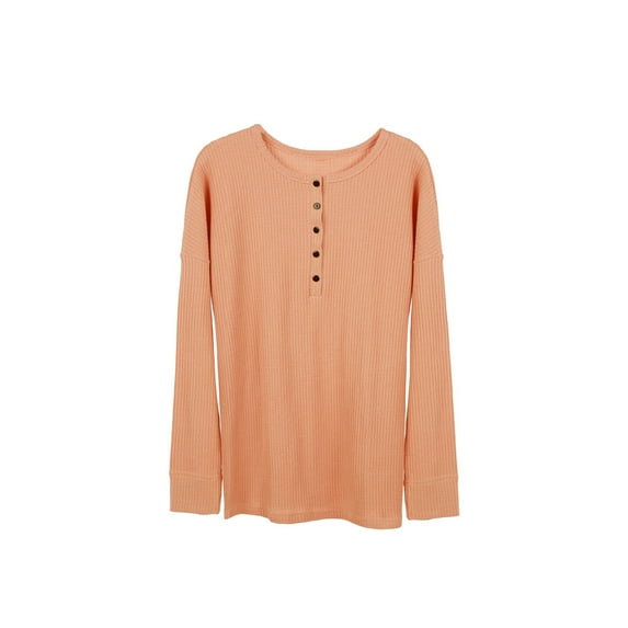 Dellytop Womens Henley Shirts V Neck Long Sleeve Button Waffle Knit Tees