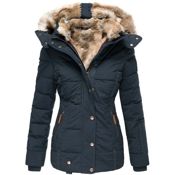 Dellytop Womens Hooded Coats Winter Zipper Faux Fur Inside Down Jackets
