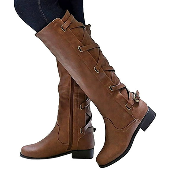 Dellytop Womens Knee High Boots Winter Lace Up Riding Flat Low Heel Shoes