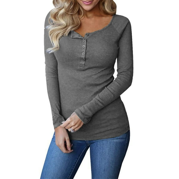 Dellytop Womens Long Sleeve Ribbed Button Down Casual Henley Shirts