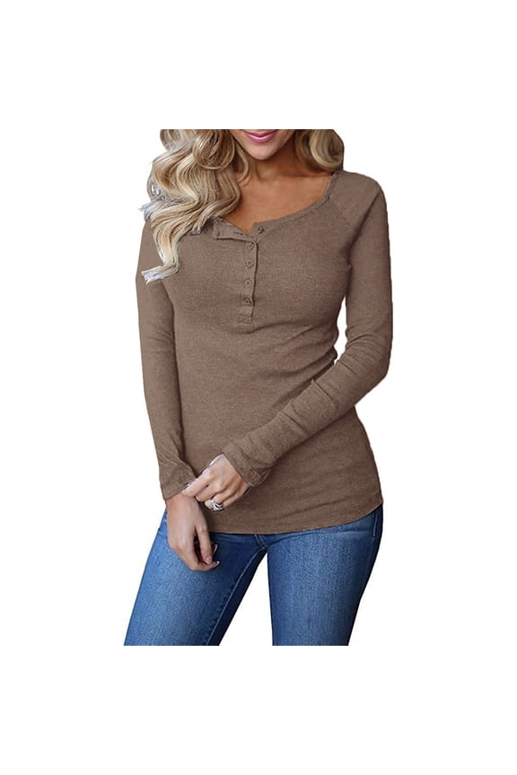 Womens Long Sleeve Ribbed Button Down Casual Henley Shirts