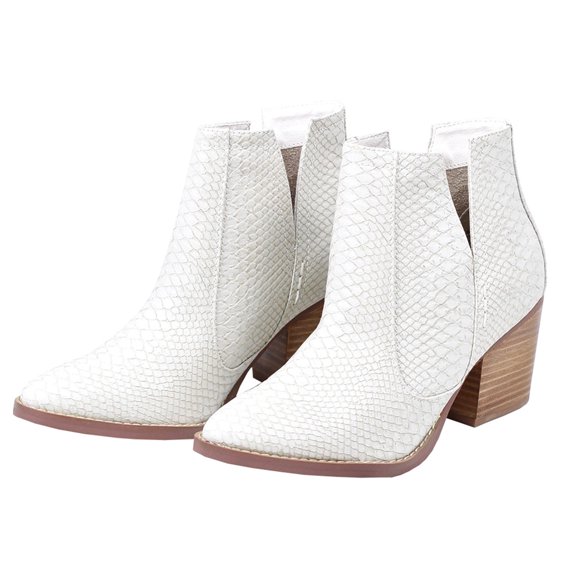 Dellytop Womens Mid Heel Pointed Toe Stacked Ankle Boots V Cut Back Zipper Faux Leather Booties
