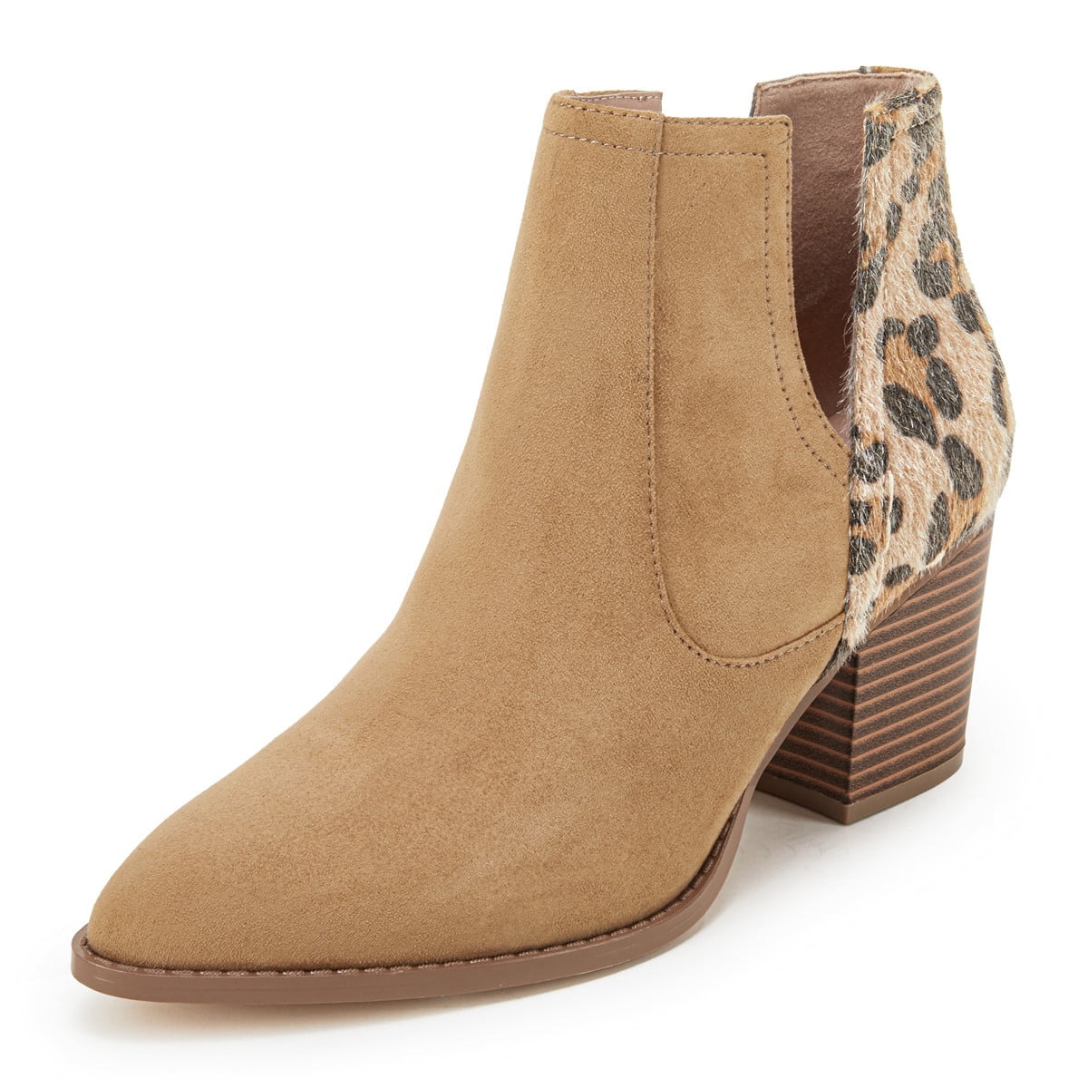 Dellytop Womens Mid Heel Pointed Toe Stacked Ankle Boots V Cut Back