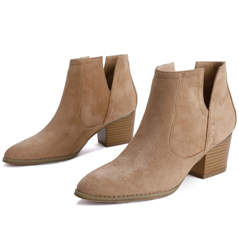 Dellytop Womens Mid Heel Pointed Toe Stacked Ankle Boots V Cut Back Zipper Faux Leather Booties