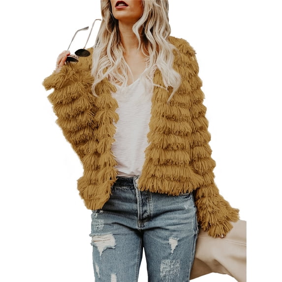 Dellytop Womens Open Front Faux Fur Cardigan Shaggy Jacket Coat