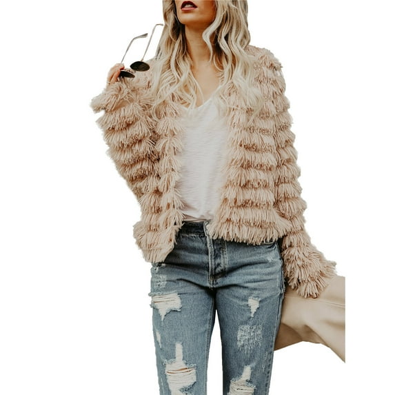 Dellytop Womens Open Front Faux Fur Cardigan Shaggy Jacket Coat