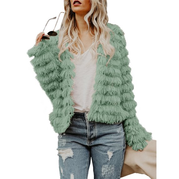 Dellytop Womens Open Front Faux Fur Cardigan Shaggy Jacket Coat