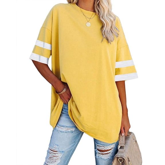 Dellytop Womens Oversized Tees Loose Half Sleeve Crew Neck Color Block T Shirts