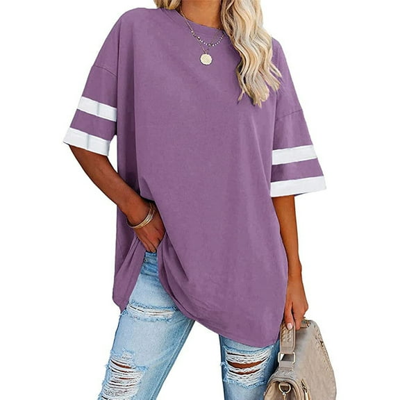 Dellytop Womens Oversized Tees Loose Half Sleeve Crew Neck Color Block T Shirts