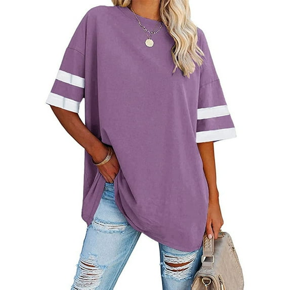 Dellytop Womens Oversized Tees Loose Half Sleeve Crew Neck Color Block T Shirts