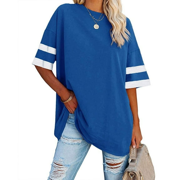 Dellytop Womens Oversized Tees Loose Half Sleeve Crew Neck Color Block T Shirts