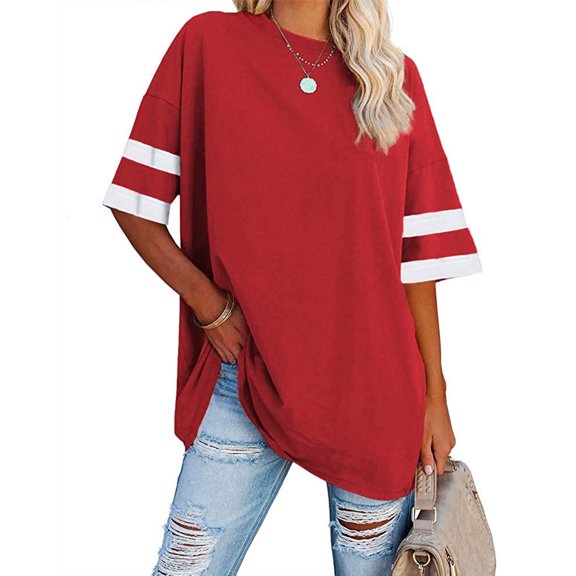 Dellytop Womens Oversized Tees Loose Half Sleeve Crew Neck Color Block T Shirts
