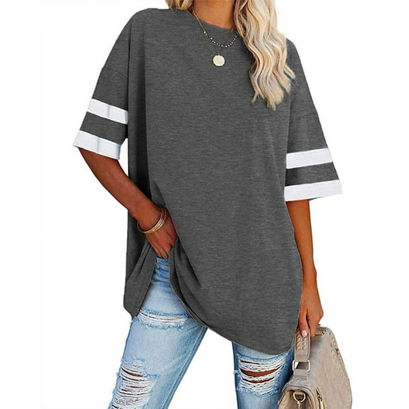 Dellytop Womens Oversized Tees Loose Half Sleeve Crew Neck Color Block T Shirts