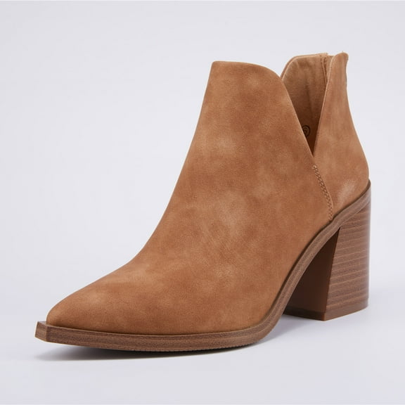 Dellytop Womens Pointed Toe Cutout Stacked Slip On Chunky Block High Heel Booties