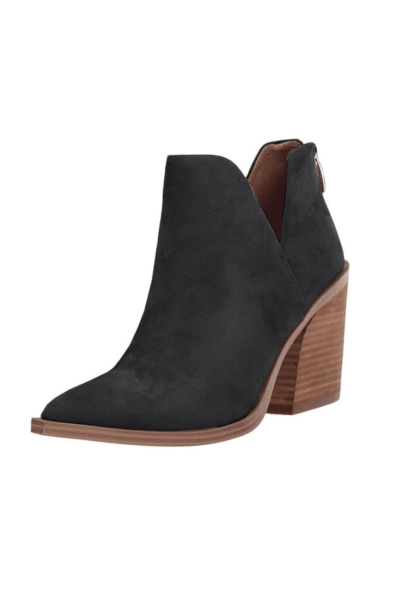 Womens Pointed Toe Cutout Stacked Slip On Chunky Block High Heel Booties