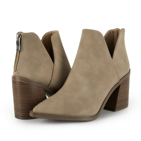 Dellytop Womens Pointed Toe Cutout Stacked Slip On Chunky Block High Heel Booties