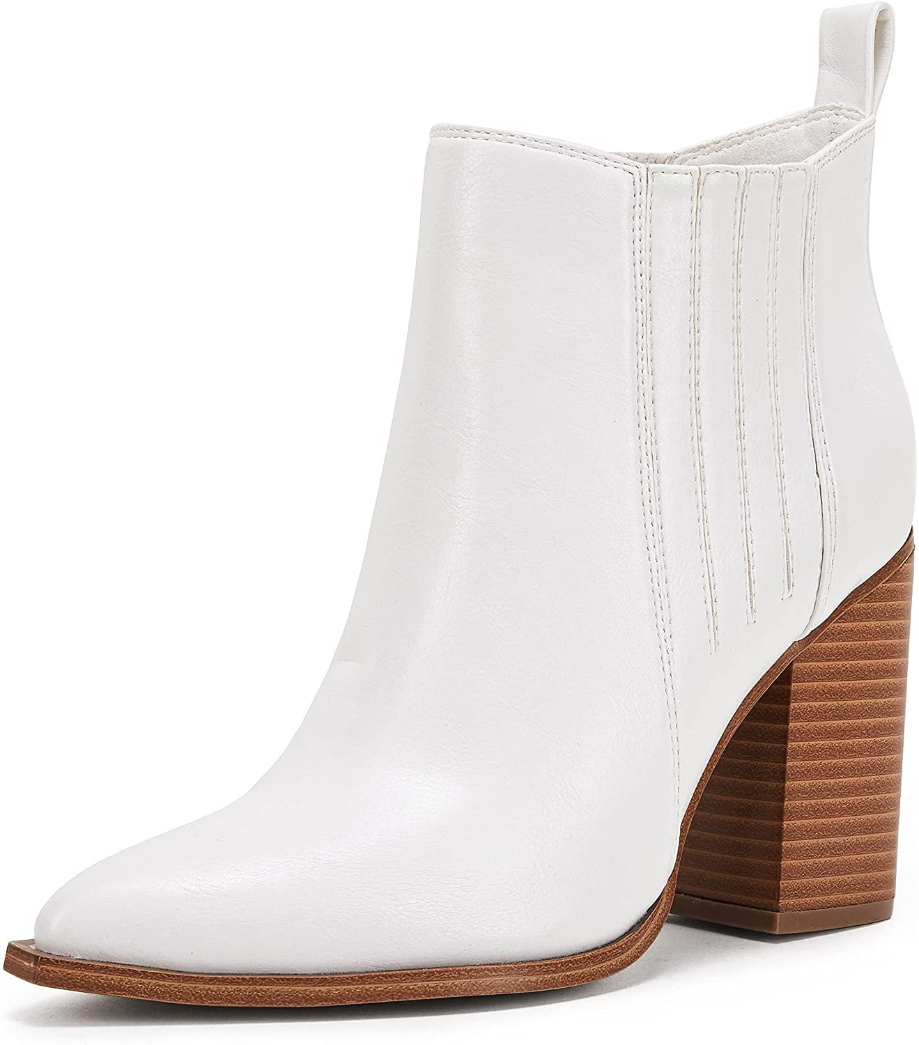 Dellytop Womens Pointed Toe Slip on Stacked Mid Block Heel Shoes Faux Leather Ankle Booties