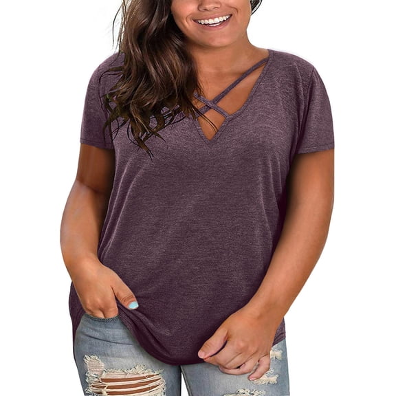 Dellytop Womens Short Sleeve V Neck Criss Cross T-Shirt Plus Size