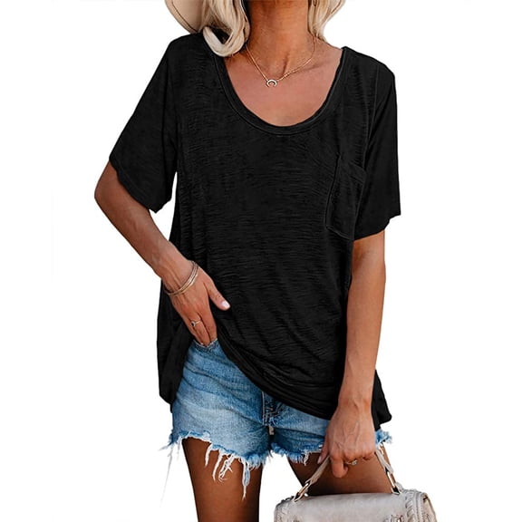 Dellytop Womens Summer Short Sleeve Round Neck Soft Loose T Shirts With Pocket