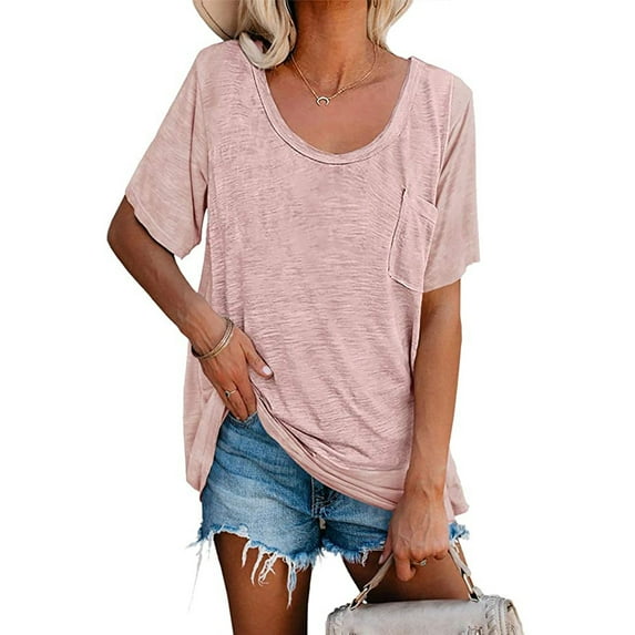 Dellytop Womens Summer Short Sleeve Round Neck Soft Loose T Shirts With Pocket