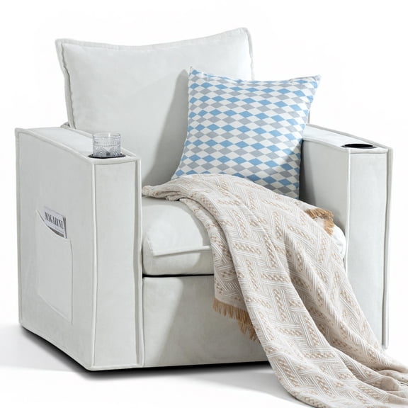 Delmango 32“ Wide Swivel Accent Chair, Comfy Couch with Cup Holders and Side Pockets, Modern Sofa Chair for Living Room, Bedroom, Corner, Beige