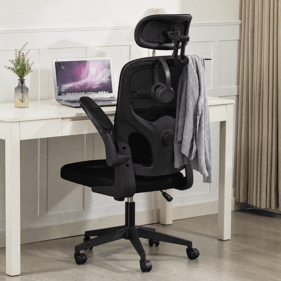 Delmango Office Chair, Ergonomic Desk Chair with Flip-up Arms, Coat Hook, Adjustable Headrest and Lumber Support, Mesh Computer Chair, 330 LBS, Black