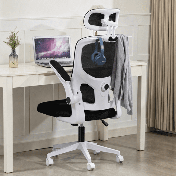 Delmango Office Chair, Ergonomic Desk Chair with Flip-up Arms, Coat Hook, Adjustable Headrest and Lumber Support, Mesh Computer Chair, 330 LBS, White