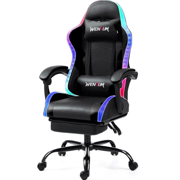 Delmango RGB Ergonomic Gaming Chair with Massage, LED Lights, Footrest, Lumbar Support, Black
