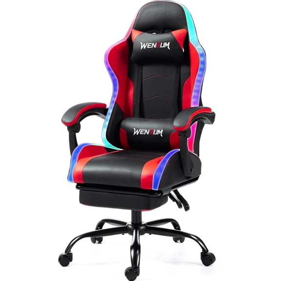 Delmango RGB Ergonomic Gaming Chair with Massage, LED Lights, Footrest, Lumbar Support, Red