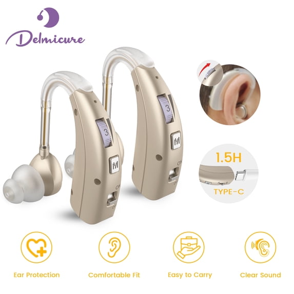 Delmicure Digital Hearing Aids for Seniors, Rechargeable, Pair, VHP-1303, Gold