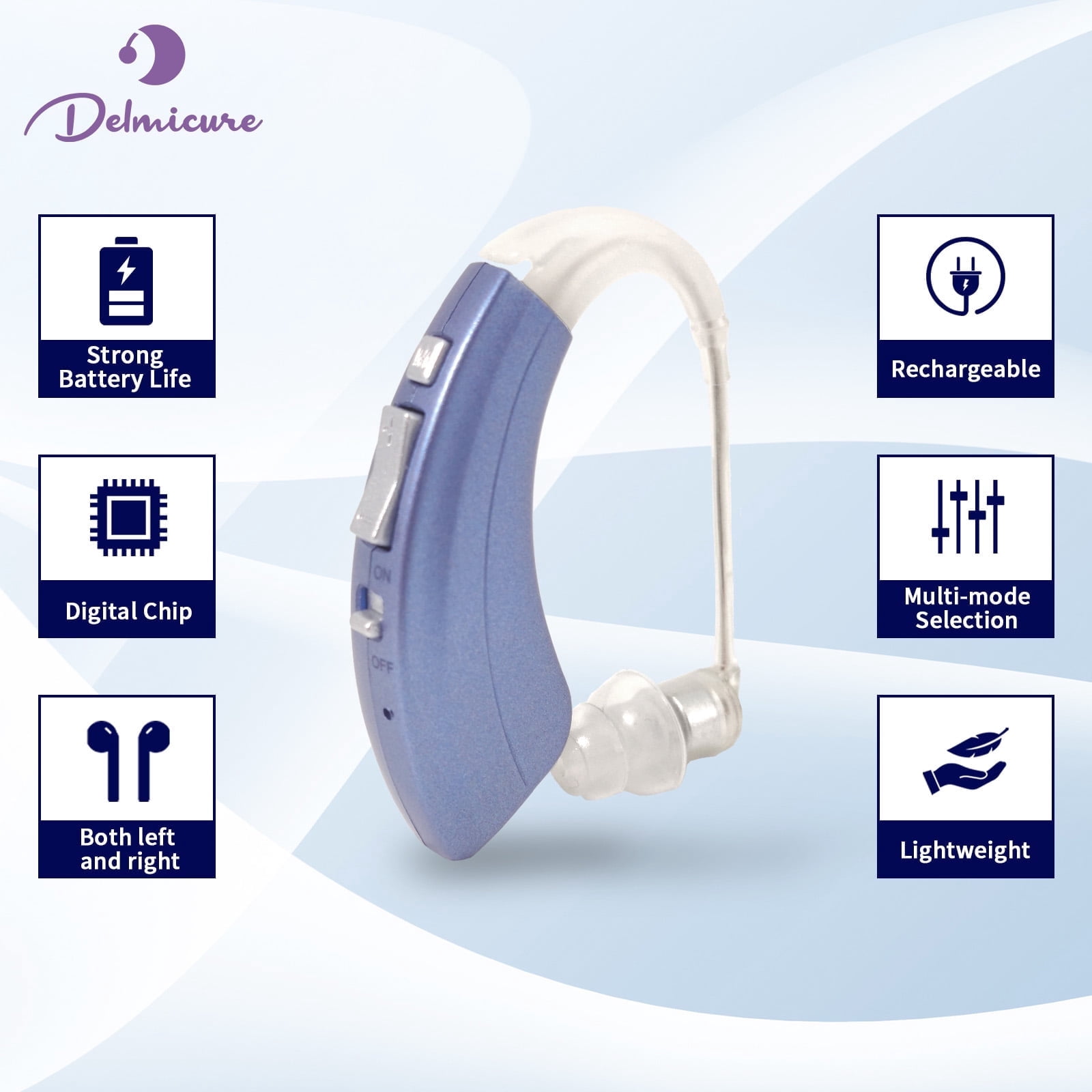 Delmicure Hearing Aid VHP-1222 for Seniors, Rechargeable Hearing Amplifier for Adults, Mini Speaker, Single Digital Sound Device (Blue)