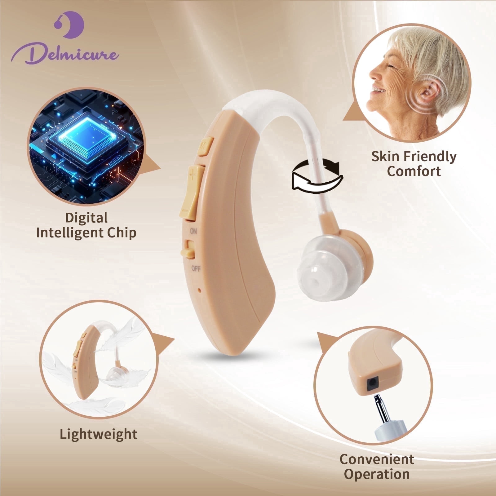 Delmicure Hearing Aid for Seniors, Rechargeable Hearing Aid for Adults, Single, Beige, VHP-1220