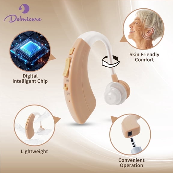 Delmicure Hearing Aid VHP-1220 for Seniors, Rechargeable Hearing Aid for Adults, Single Digital Sound Device (Beige)