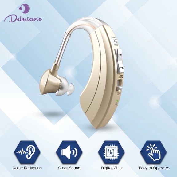 Delmicure Hearing Aid VHP-1220AX – BTE Hearing Aid with Dynamic Drive Speaker, Full Digital Signal Processing, Noise Reduction, Adaptive Sound Equalizer & USB Charging, Single(Golden)