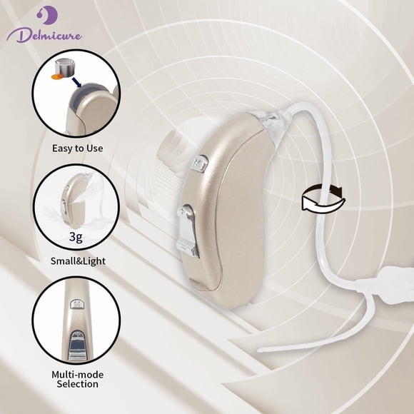 Delmicure Hearing Aid VHP-702 - Digital Hearing Aid for Adults with Replaceable Battery: BTE Device with Adjustable Volume and Mode, Clear Voice with Noise Cancelling Chip, Lightweight Design