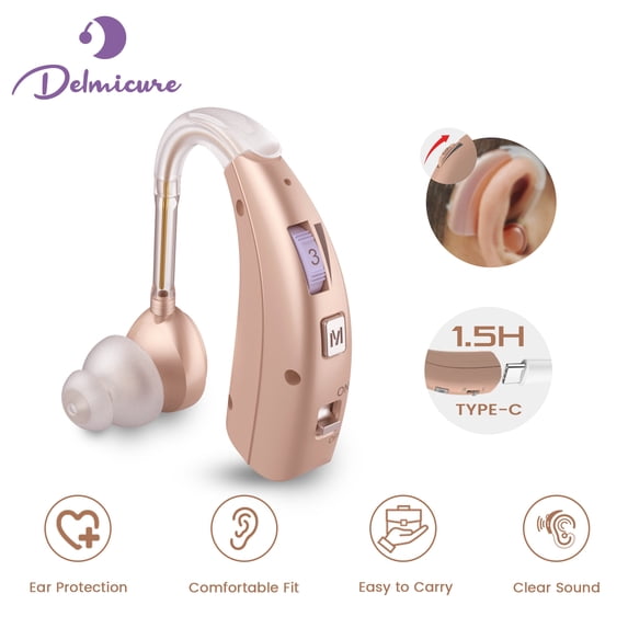 Delmicure Digital Hearing Aid for Seniors, Rechargeable, Single, VHP-1303, Beige