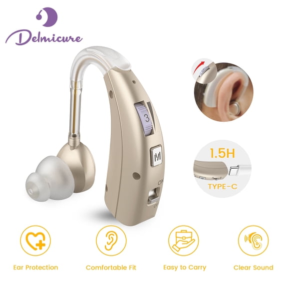 Delmicure Digital Hearing Aid for Seniors, Rechargeable, Single, VHP-1303, Gold