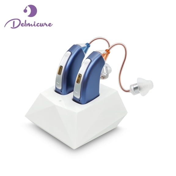 Delmicure Hearing Aids for Seniors with 32-Channel & 4-Mode, Rechargeable Sound Device for Hearing Loss with Charing Base, VHP-1804 Blue - Binaural
