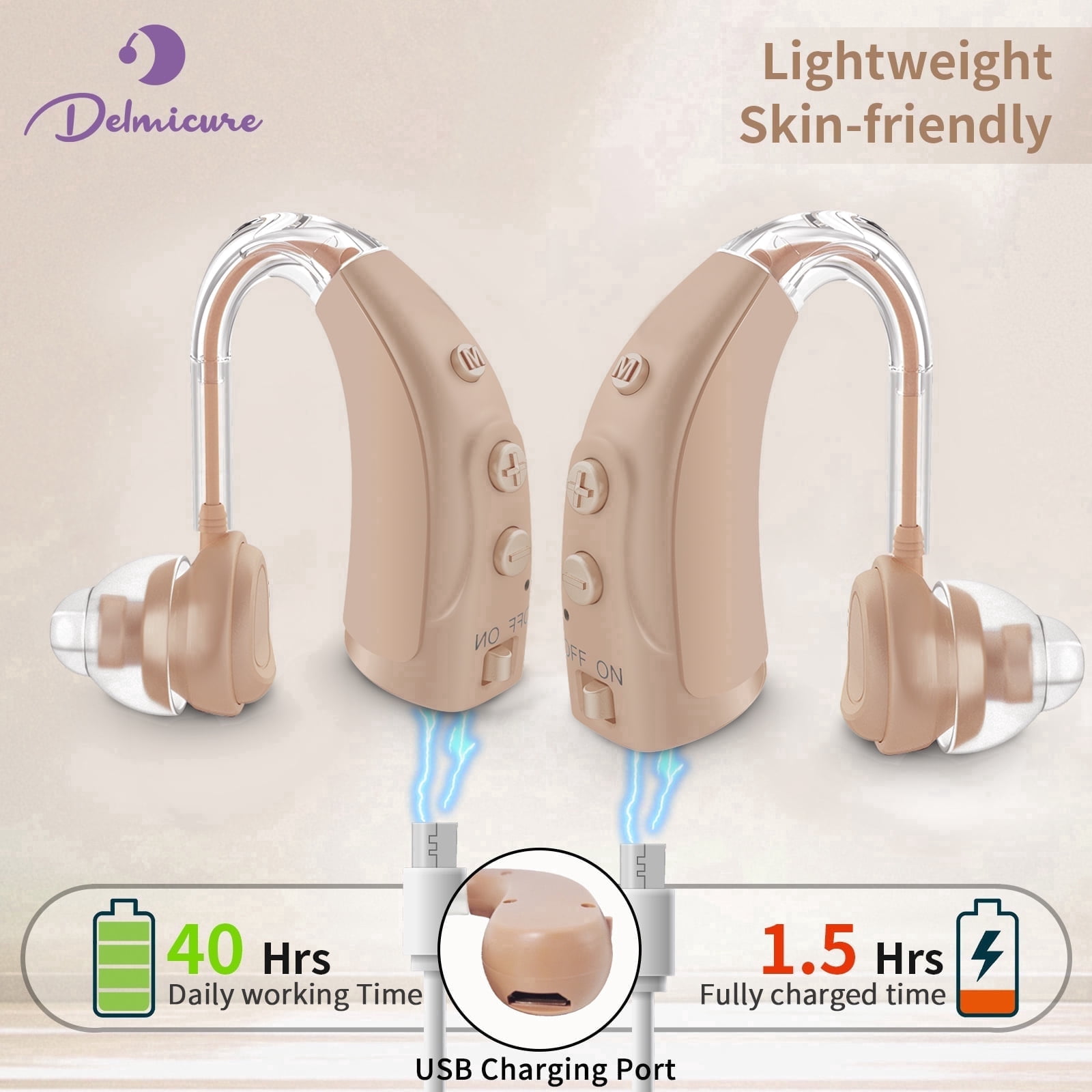 Delmicure Hearing Aids for Seniors, Rechargeable Digital Sound Device: Noise Cancellation Chip, Multi-Level Volume Control, VHP-1204 Binaural - Beige