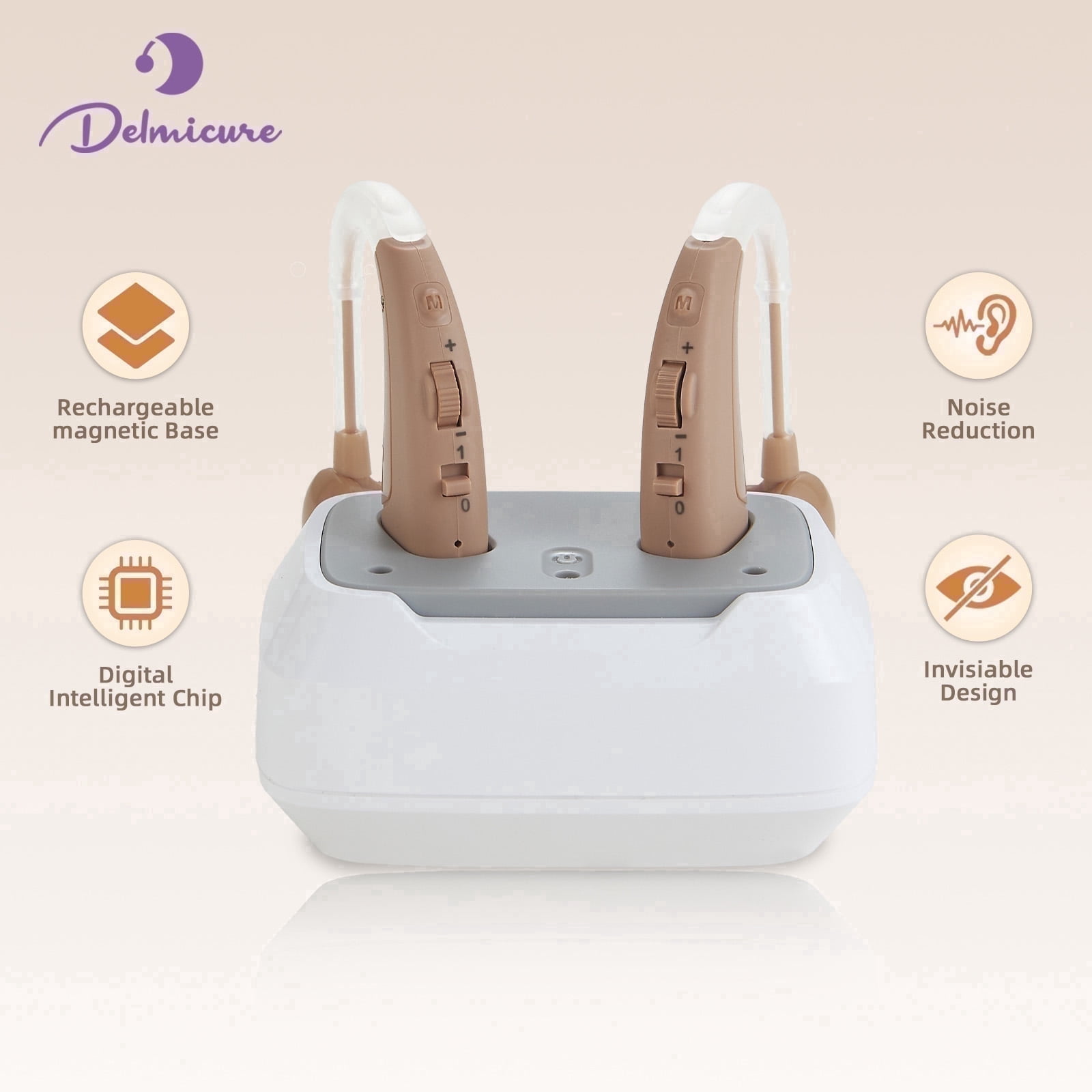 Delmicure Rechargeable Hearing Aids for Seniors, 4-Mode, Digital, Magnetic Charging, VHP-1011, Slide Control, Beige