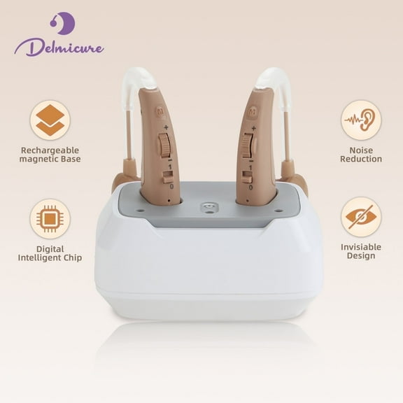 Delmicure Hearing Aids for Seniors, Rechargeable Sound Device with 4-Mode & Magnetic Charging Base for Hearing Loss, VHP-1011 Beige - Slide Control
