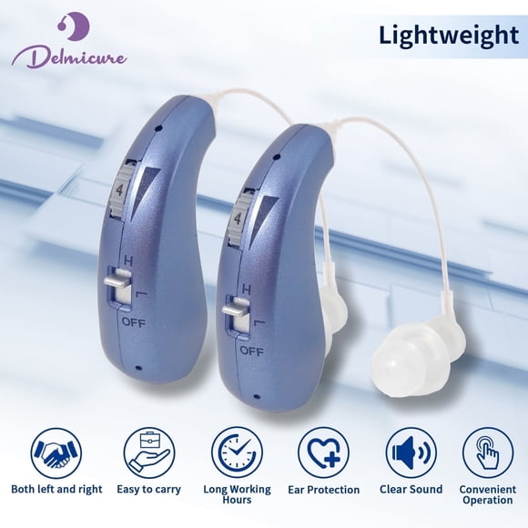 Delmicure Hearing Aids for Seniors, Rechargeable Digital CIC Sound Device: Noise Cancellation Chip, Volume Memory, VHP-1206 Blue - Binaural