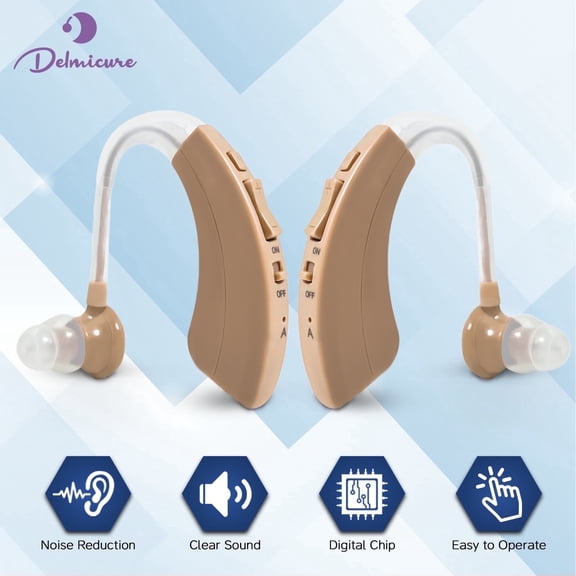 Delmicure Hearing Aids VHP-1220AX – BTE Hearing Aids with Dynamic Drive Speaker, Full Digital Signal Processing, Noise Reduction, Adaptive Sound Equalizer & USB Charging, Binaural(Beige)