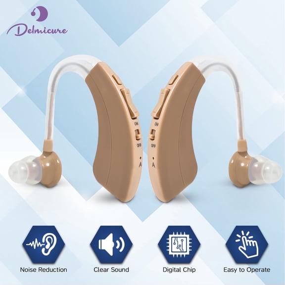 Delmicure Hearing Aids VHP-1220AX – BTE Hearing Aids with Dynamic Drive Speaker, Full Digital Signal Processing, Noise Reduction, Adaptive Sound Equalizer & USB Charging, Binaural(Beige)