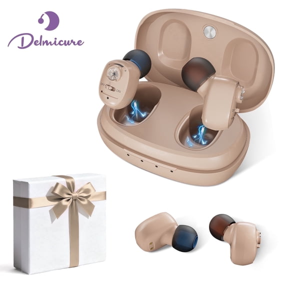 Delmicure Hearing Aids for Seniors, Rechargeable Sound Device with Charging Case, Noise Cancellation, Invisible ITE Hearing Device, VHP-1607 Beige