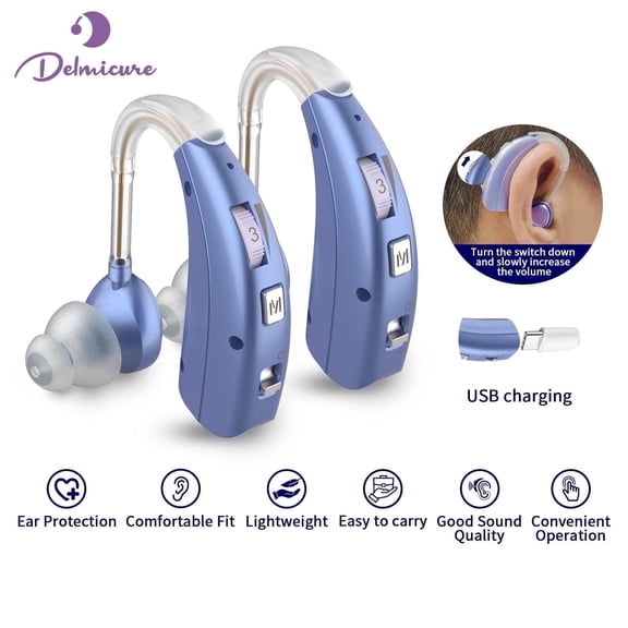 Delmicure Digital Hearing Aids for Seniors, Rechargeable, Dual Frequency Adjustments, Multi-Level Volume Control, VHP-1303 Pair - Blue